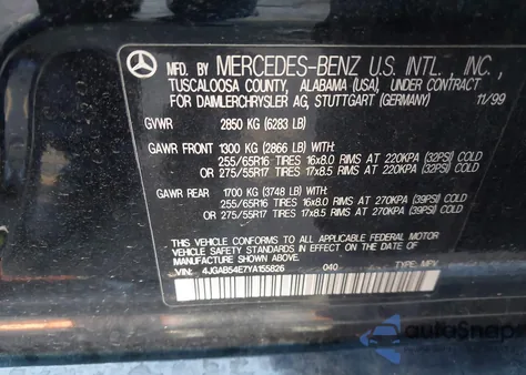 2000 Mercedes-Benz Ml 320 z USA, uszkodzony, nr VIN 4JGAB54E7YA155826